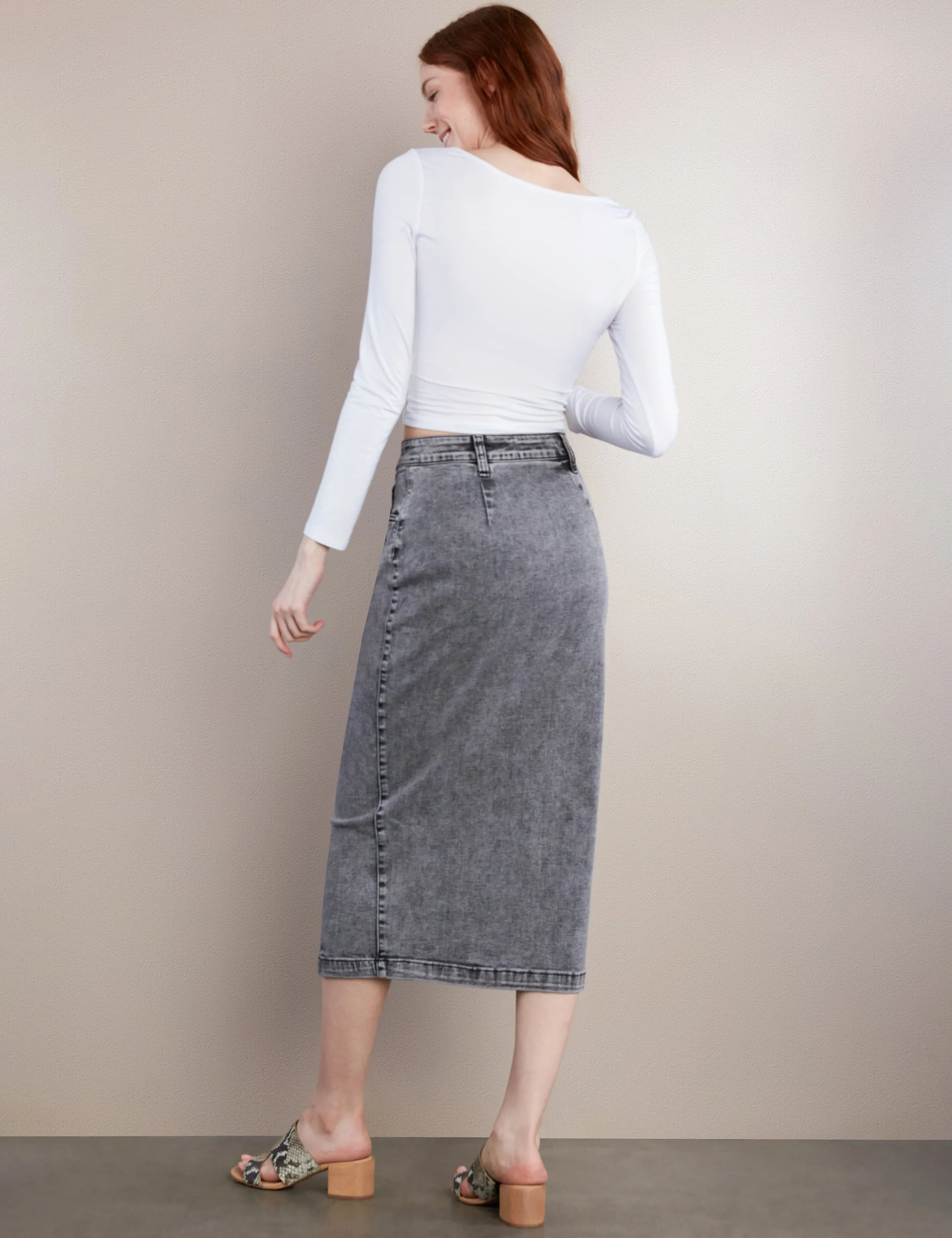 Button Front Midi Seamed Skirt