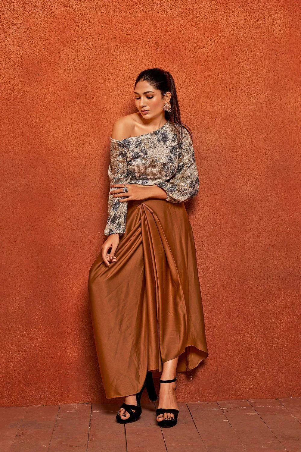 Camel Brown Floral Print Dhoti Skirt Loose Fit Top Co-ord Set