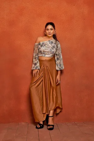 Camel Brown Floral Print Dhoti Skirt Loose Fit Top Co-ord Set