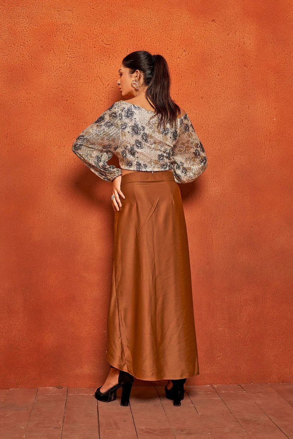 Camel Brown Floral Print Dhoti Skirt Loose Fit Top Co-ord Set