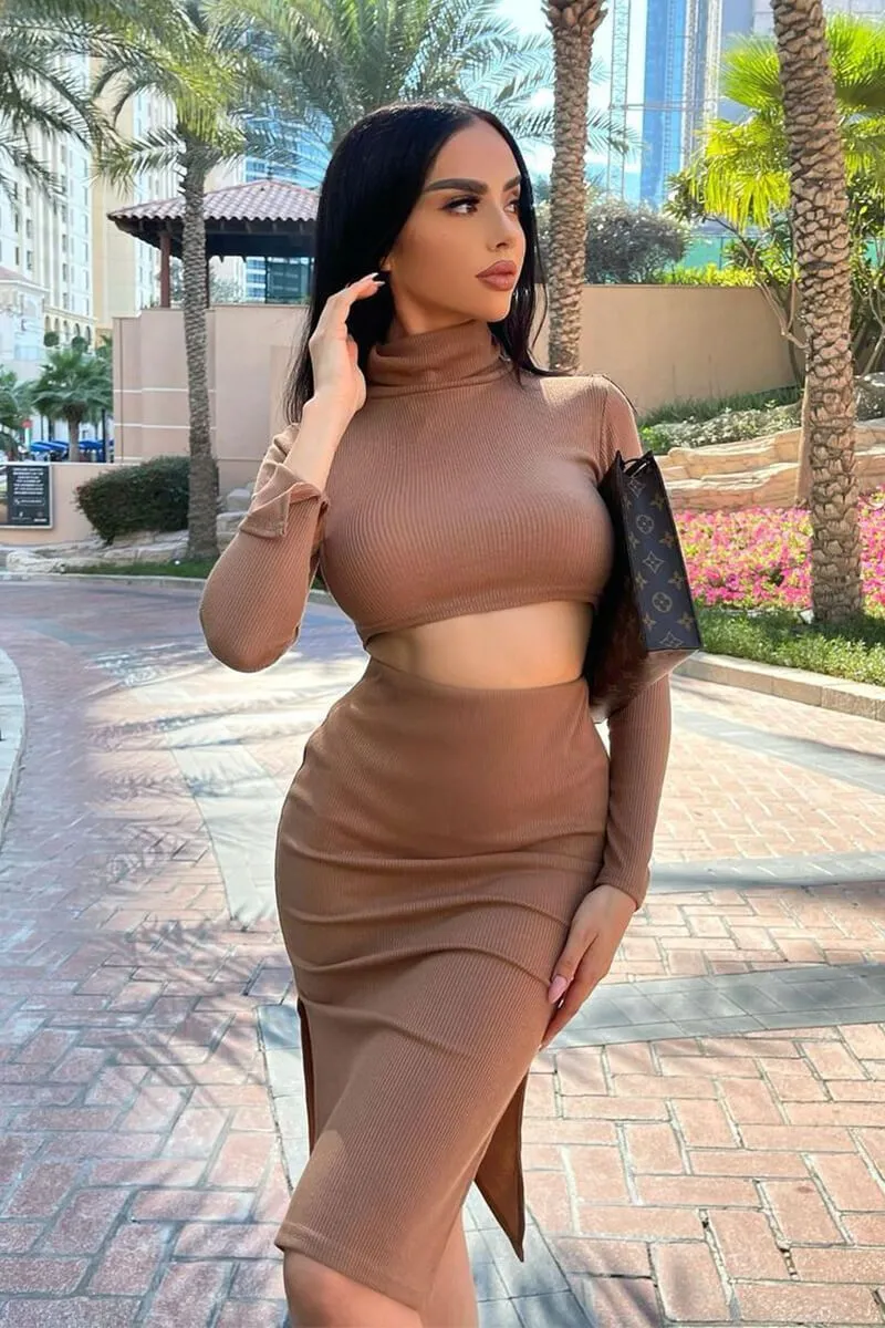 Camel Ribbed High Neck Top Skirt Co-ord - Kaili