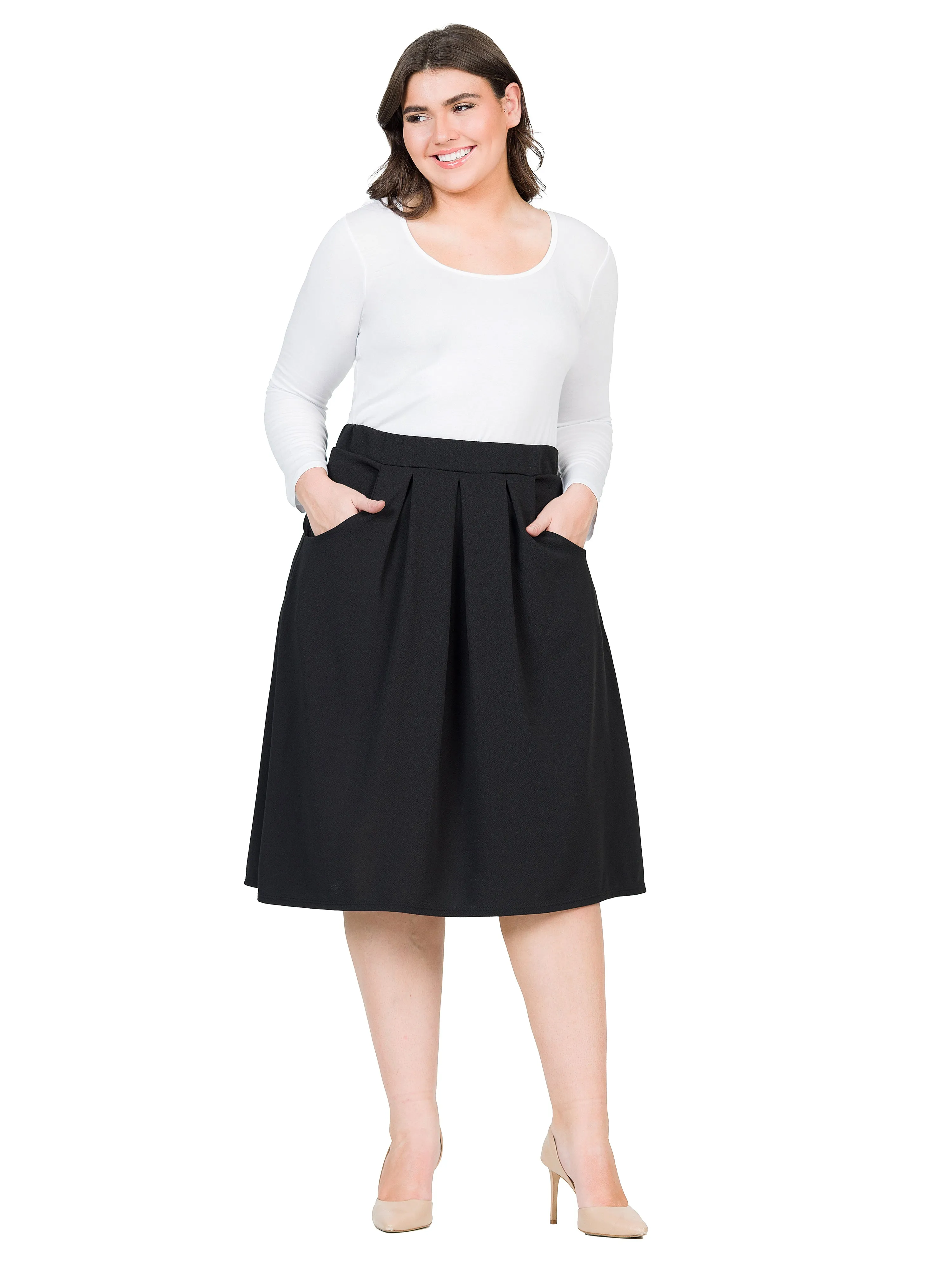 Classic Plus Size Knee Length Black Skirt With Pockets