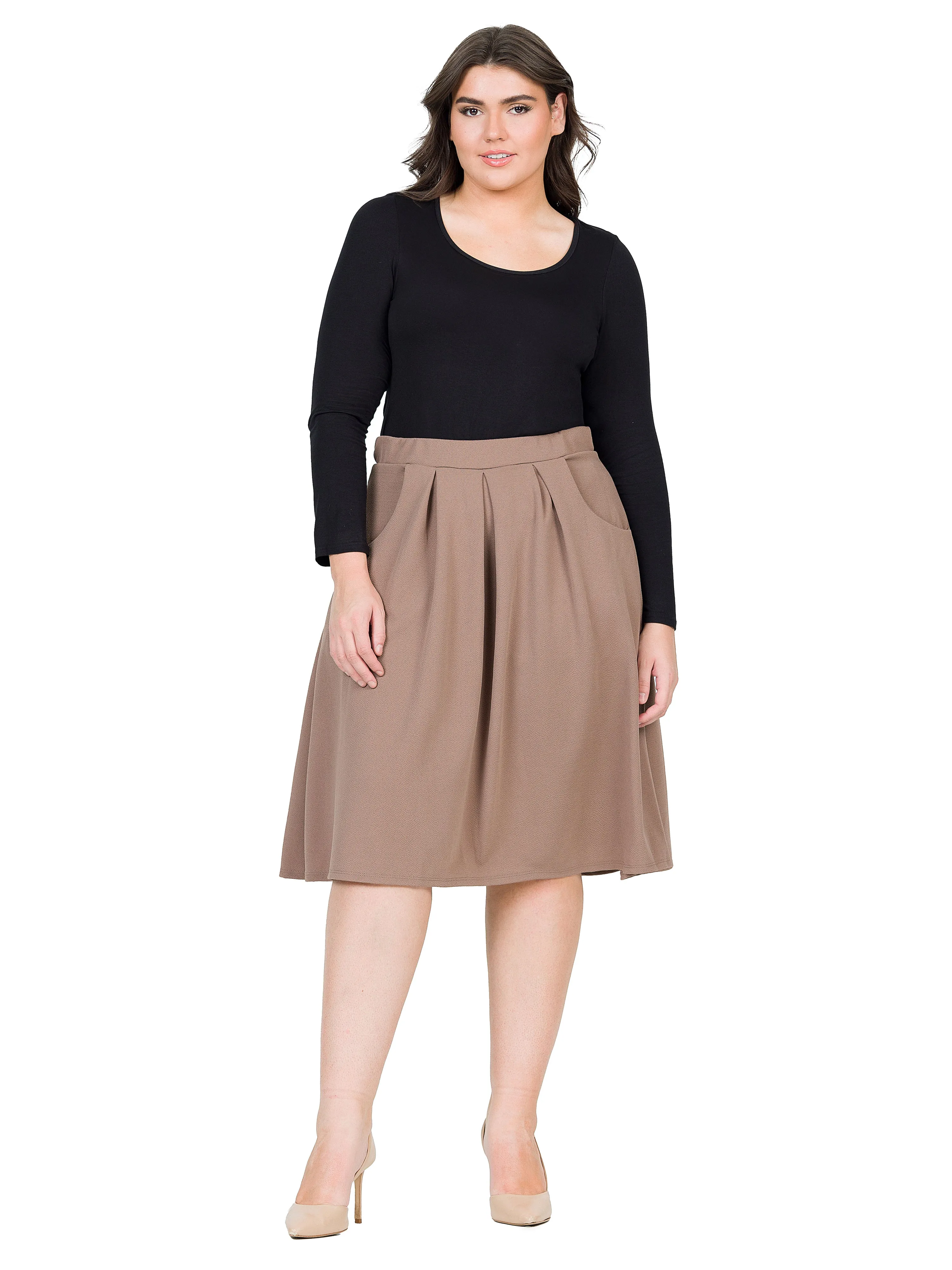 Classic Plus Size Knee Length Black Skirt With Pockets