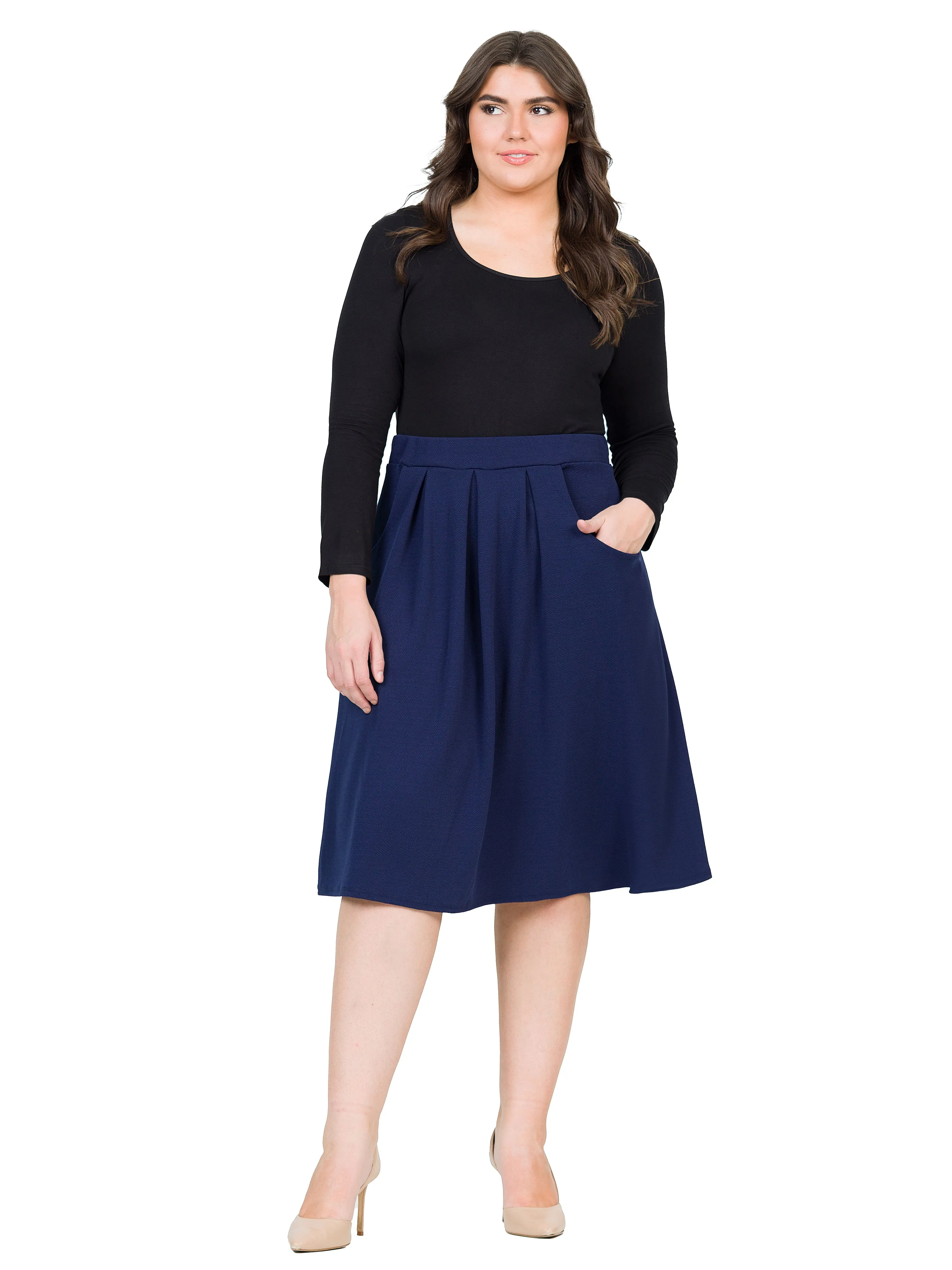 Classic Plus Size Knee Length Black Skirt With Pockets