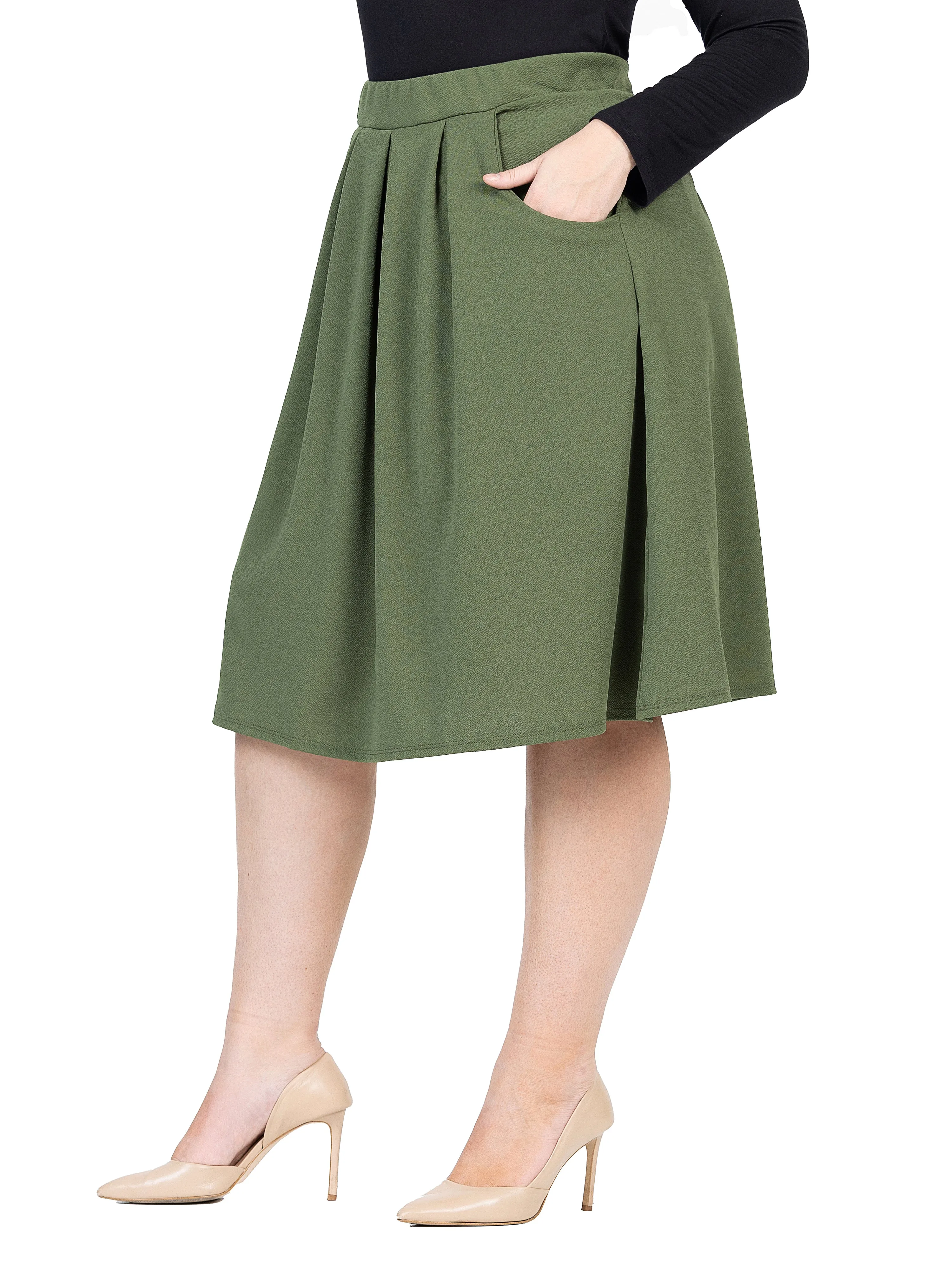 Classic Plus Size Knee Length Black Skirt With Pockets