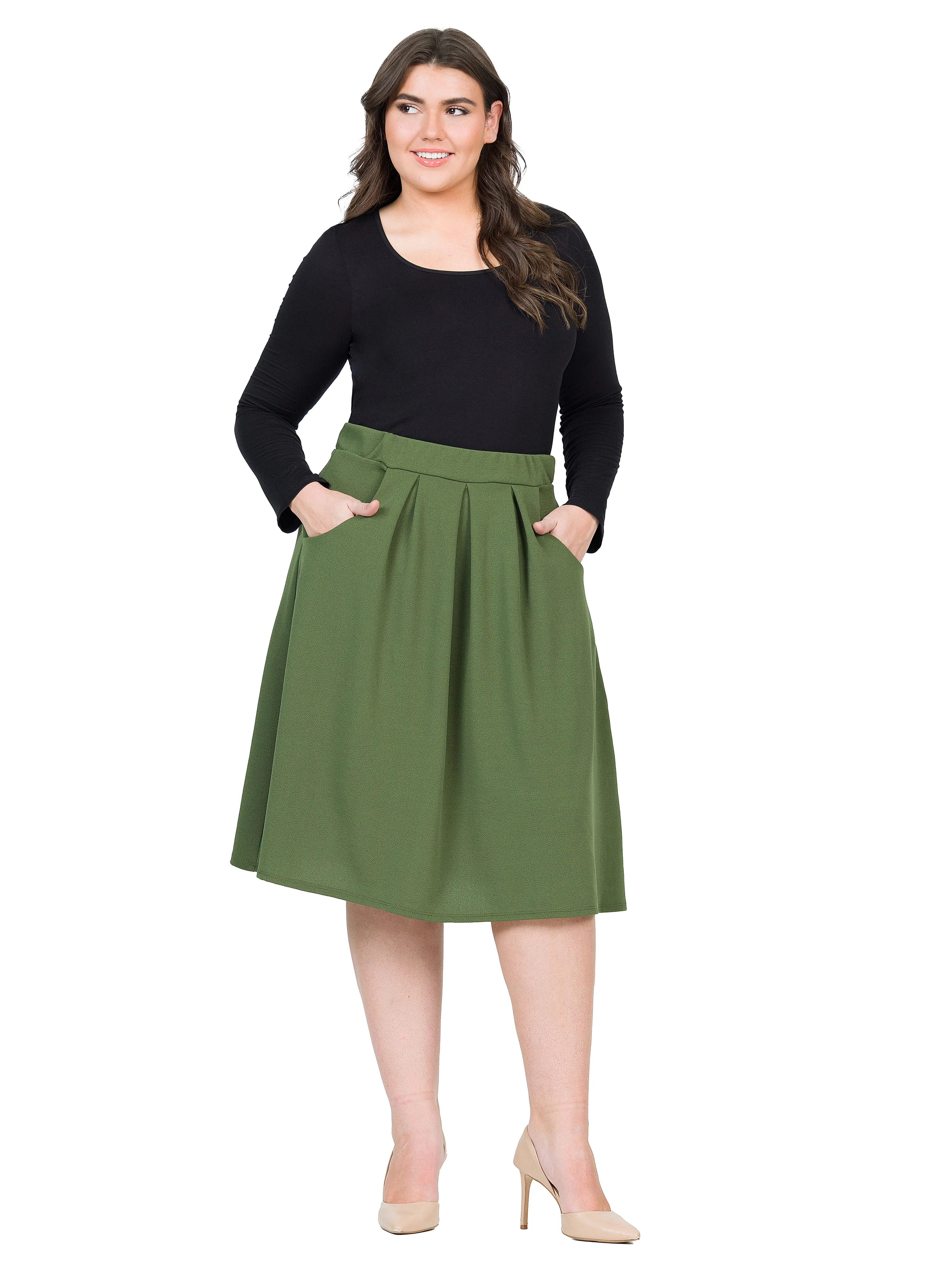 Classic Plus Size Knee Length Black Skirt With Pockets