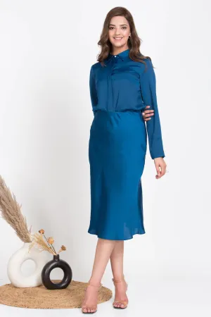 Comfortable Teal blue Midi Soft Satin skirt