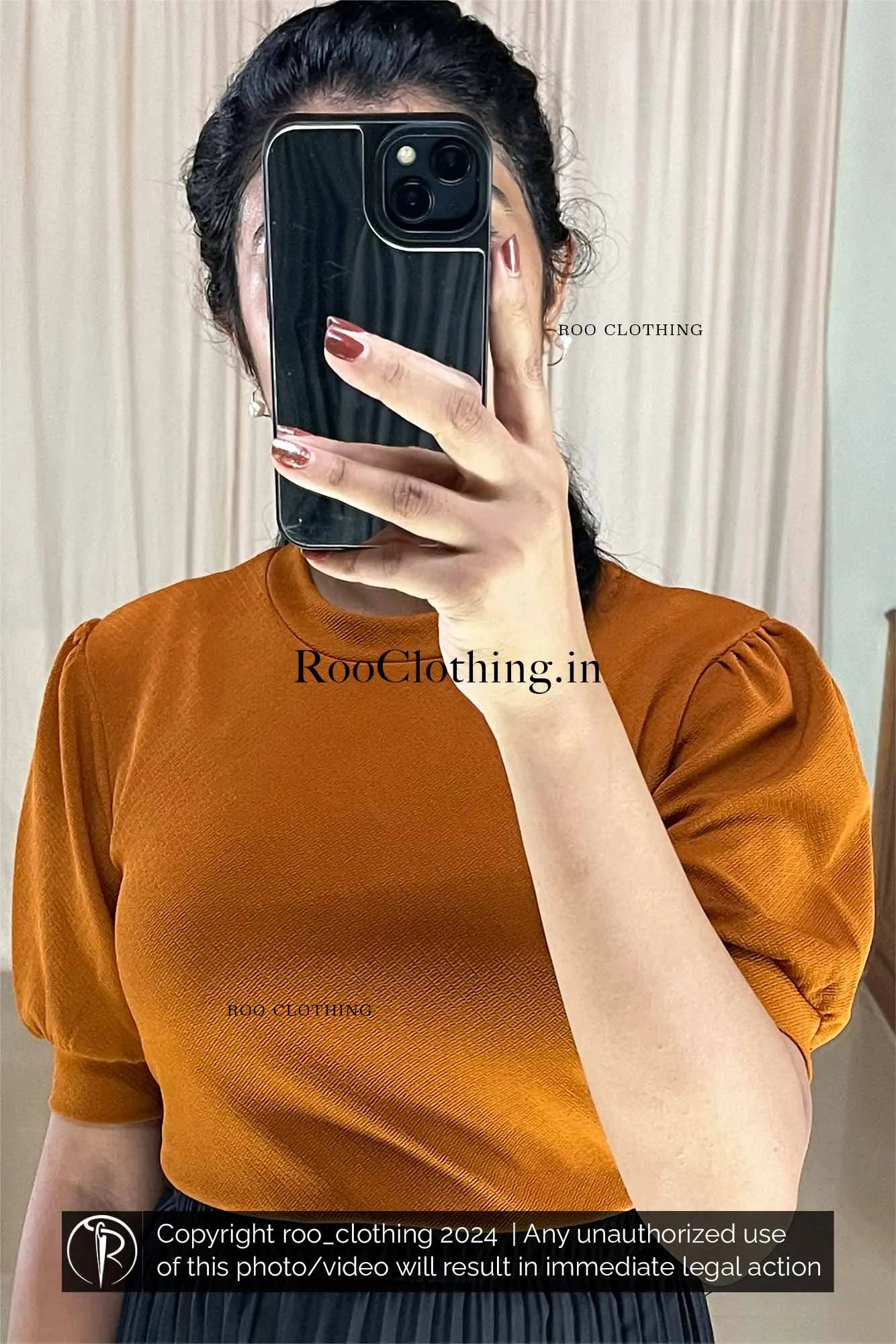 Crew Neck Puff Sleeves Top in Burnt Orange Shade (Top Only)