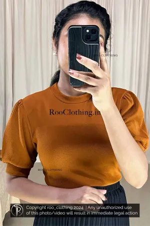 Crew Neck Puff Sleeves Top in Burnt Orange Shade (Top Only)