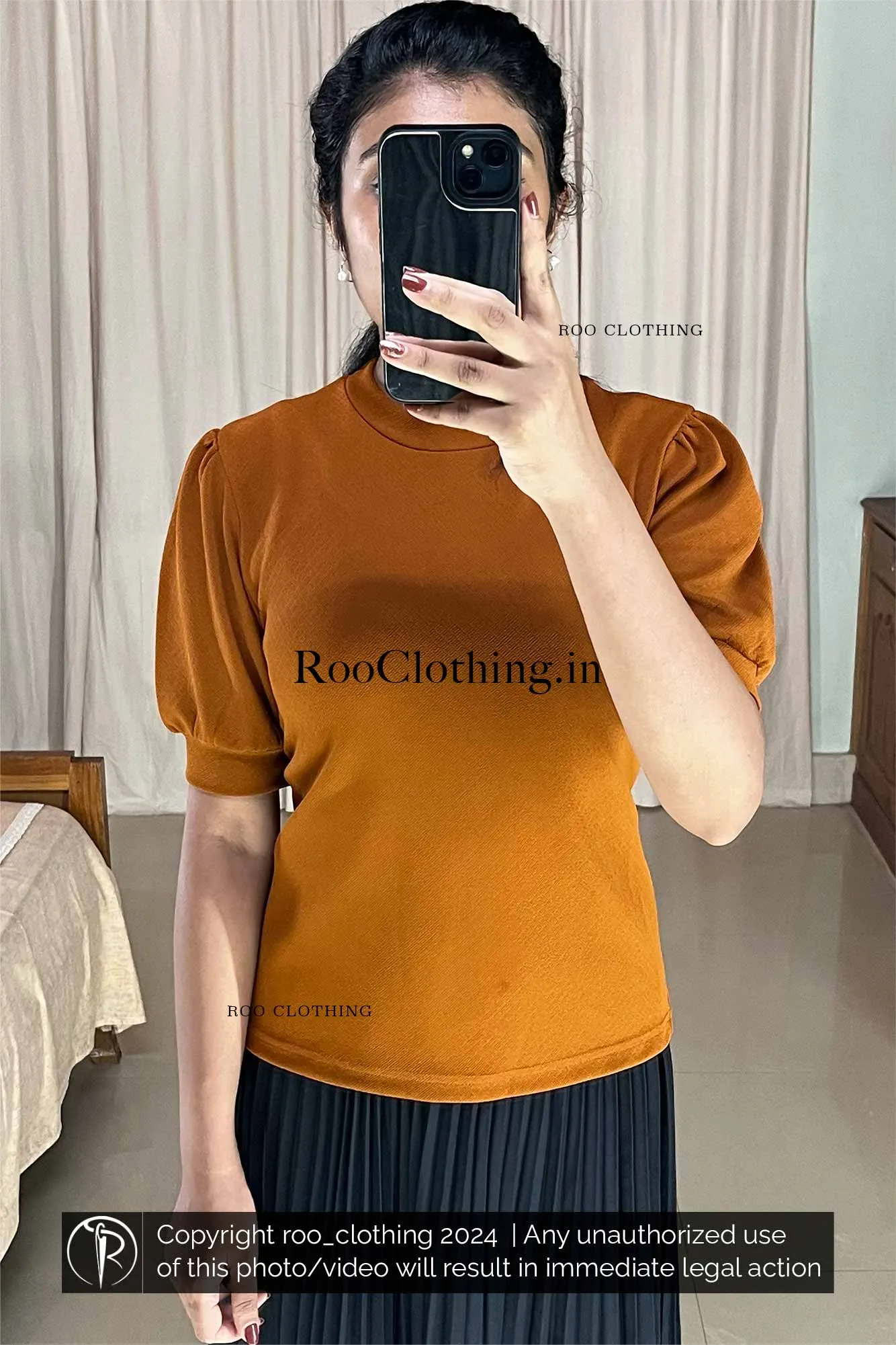 Crew Neck Puff Sleeves Top in Burnt Orange Shade (Top Only)