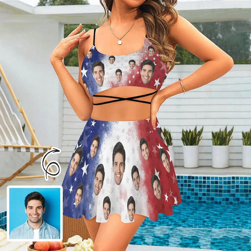 Custom Face American Flag Bikini Set Women's String Three-Piece Bikini Skirt