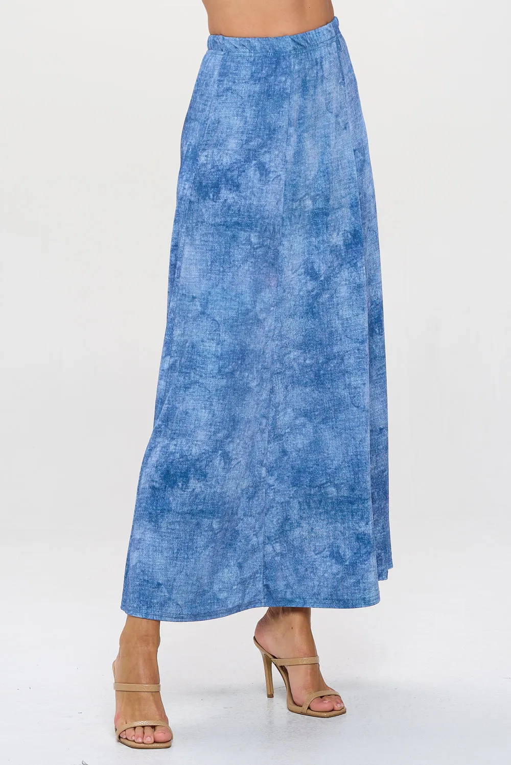 Denim Print Long Flared Skirt-6002BN-ARD2-D003