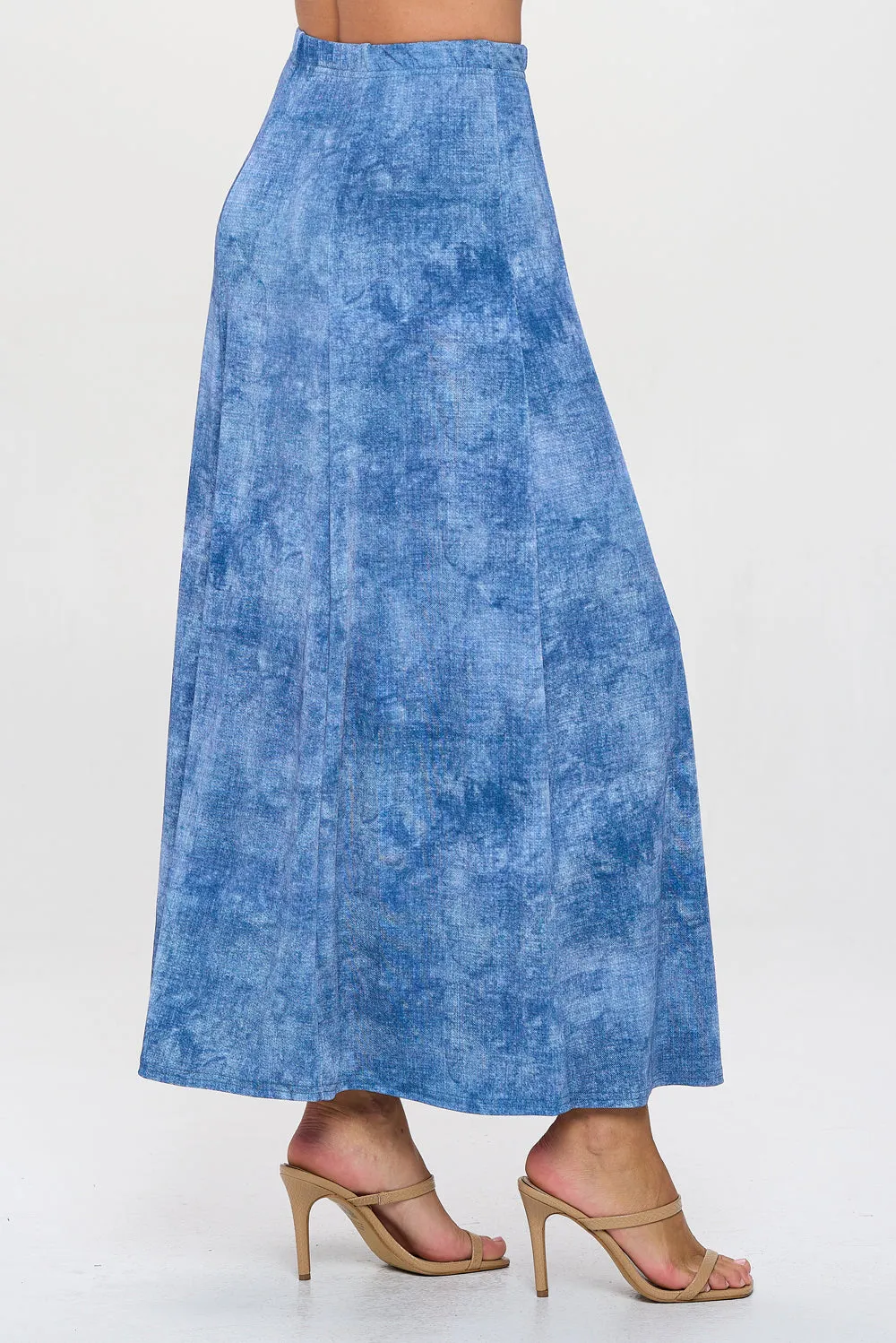 Denim Print Long Flared Skirt-6002BN-ARD2-D003