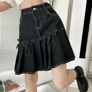 Denim Women Pleated Skirt High Waist Summer Black Bow A Line Mini Skirt Vintage Harajuku Casual Pocket Jeans Girls Skirt