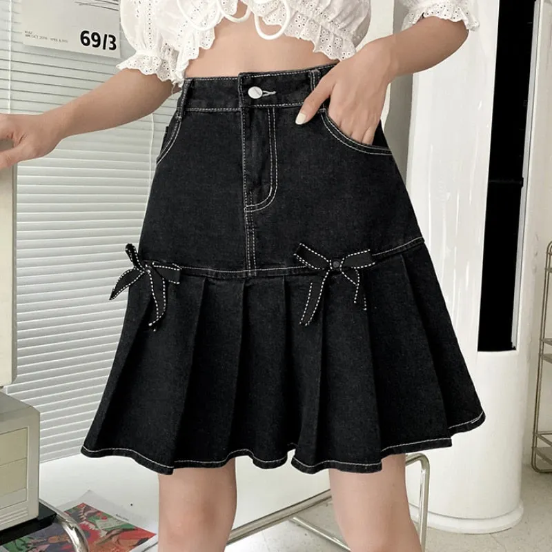 Denim Women Pleated Skirt High Waist Summer Black Bow A Line Mini Skirt Vintage Harajuku Casual Pocket Jeans Girls Skirt