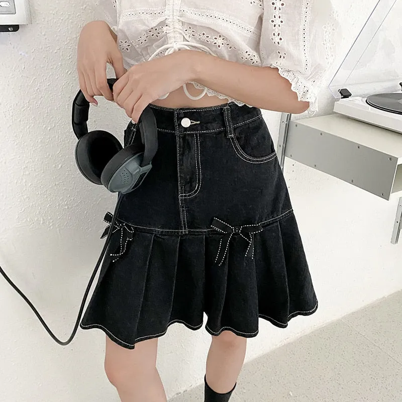 Denim Women Pleated Skirt High Waist Summer Black Bow A Line Mini Skirt Vintage Harajuku Casual Pocket Jeans Girls Skirt