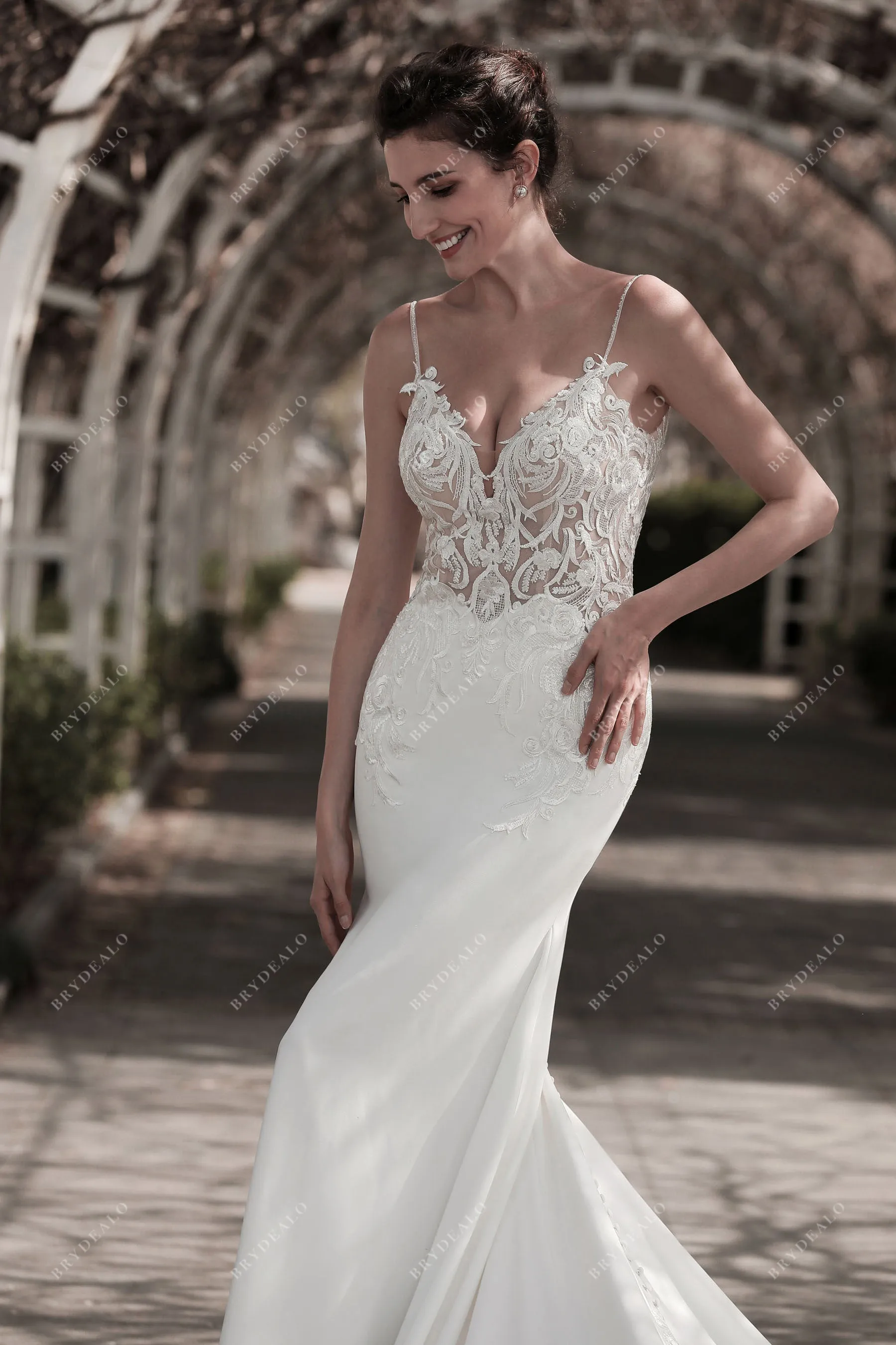 Designer White Lace Mermaid Crepe Fall Wedding Dress