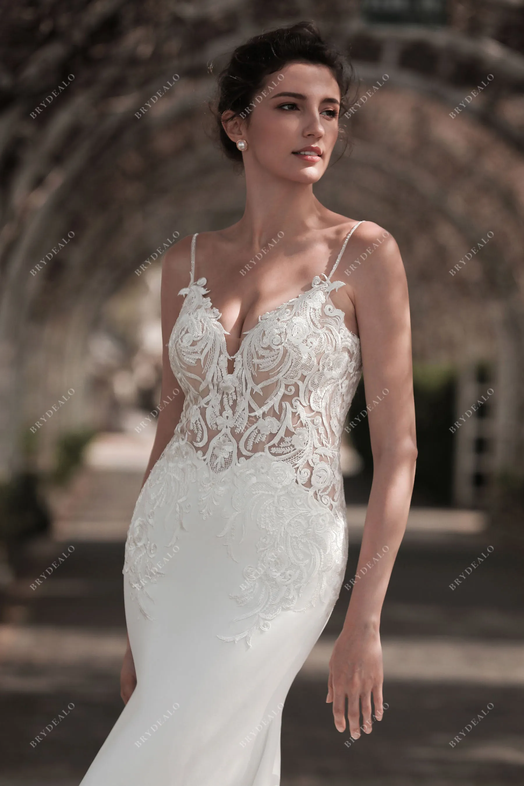 Designer White Lace Mermaid Crepe Fall Wedding Dress