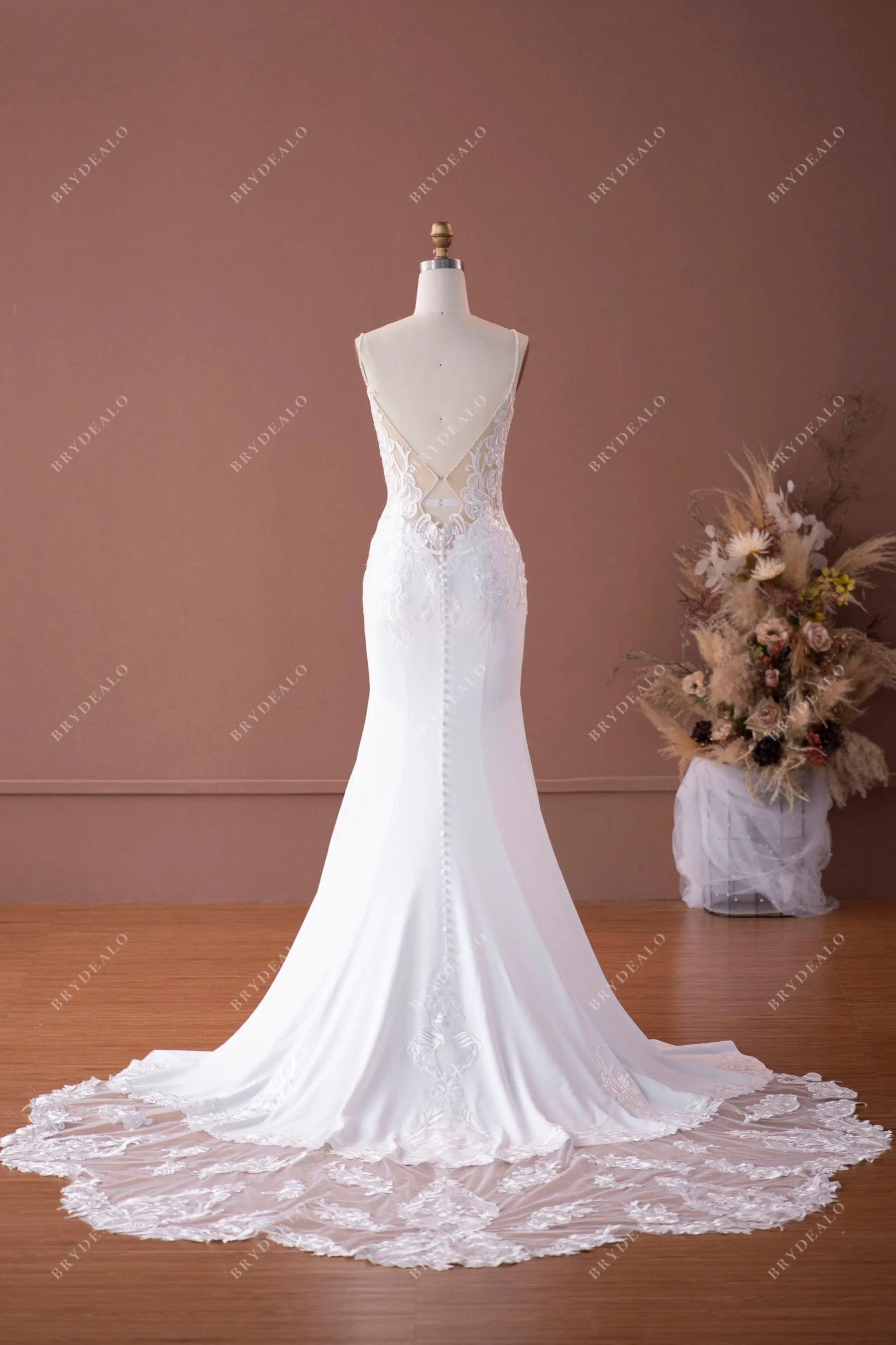 Designer White Lace Mermaid Crepe Fall Wedding Dress