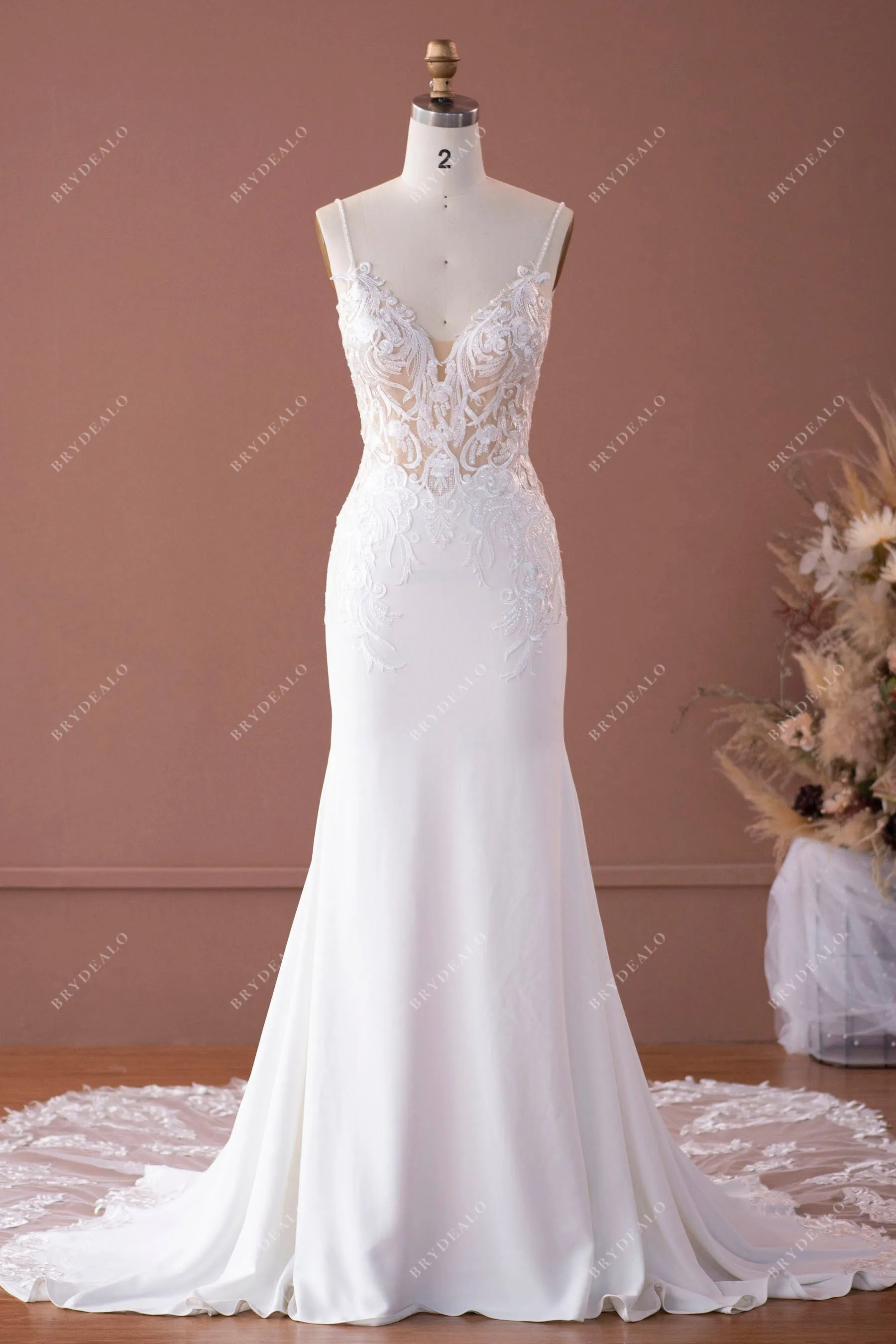 Designer White Lace Mermaid Crepe Fall Wedding Dress