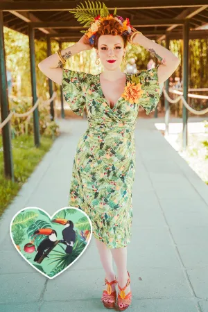 Donna Crossover Bust Green Tropical Toucan Dress