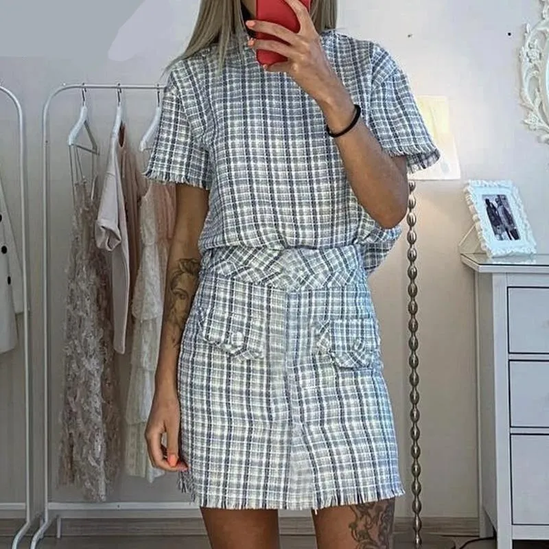 Elegant Plaid Two Pieces O-Neck Short Sleeve Mini Office Dress