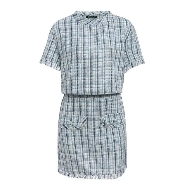 Elegant Plaid Two Pieces O-Neck Short Sleeve Mini Office Dress