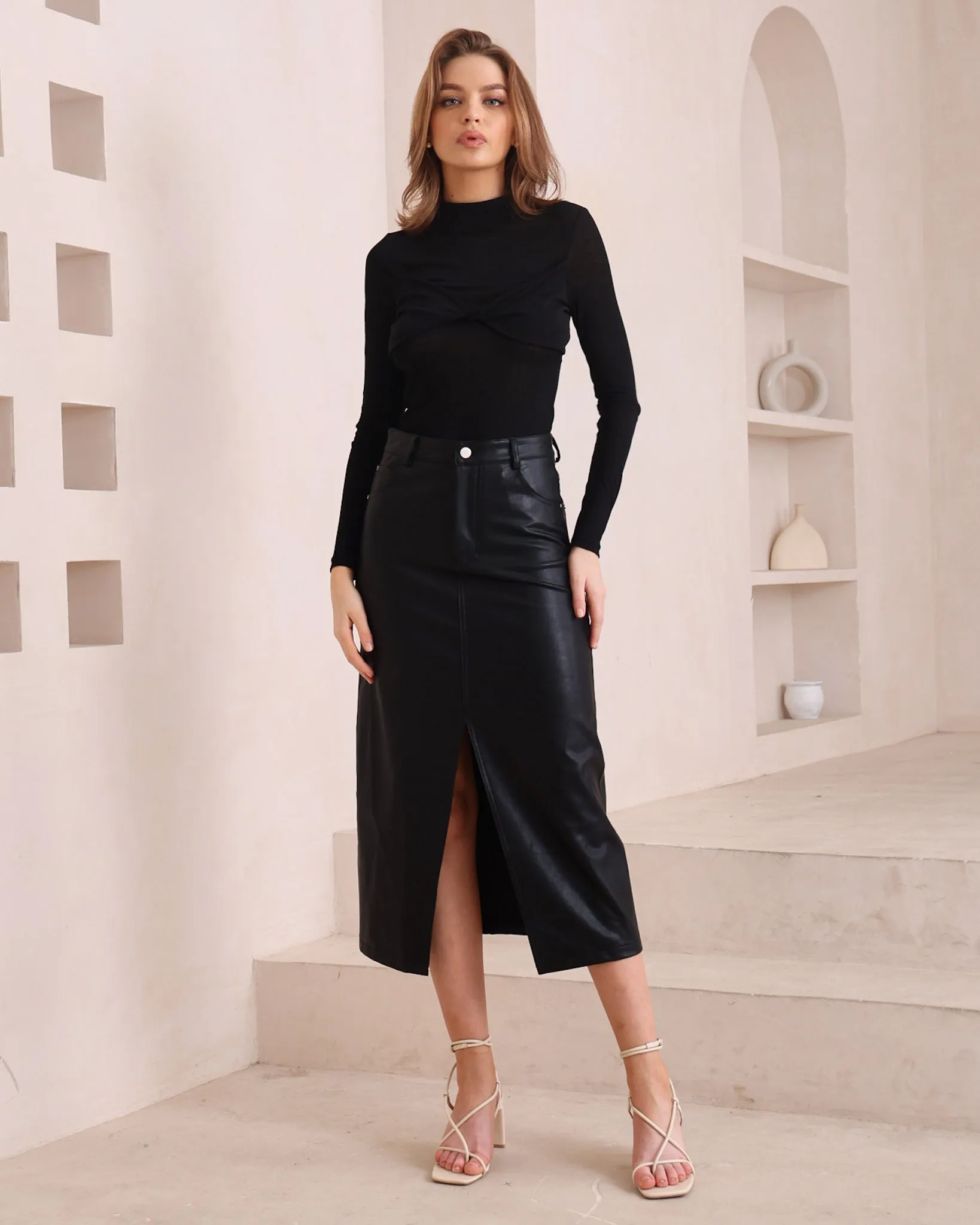 Evan Black Faux Leather PU Midi Skirt