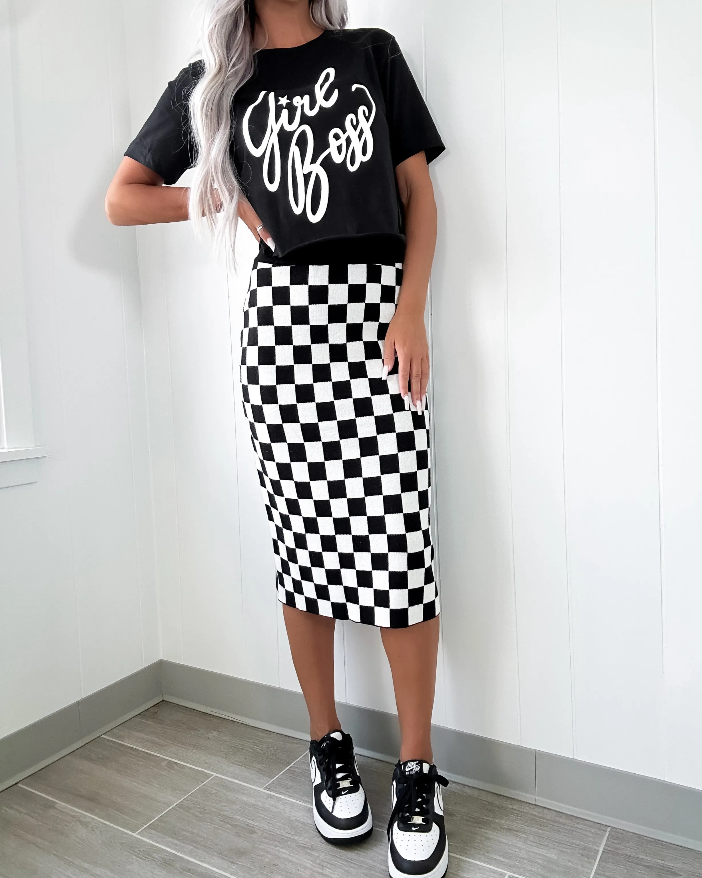 Finish Line Checkered Midi Skirt - Black