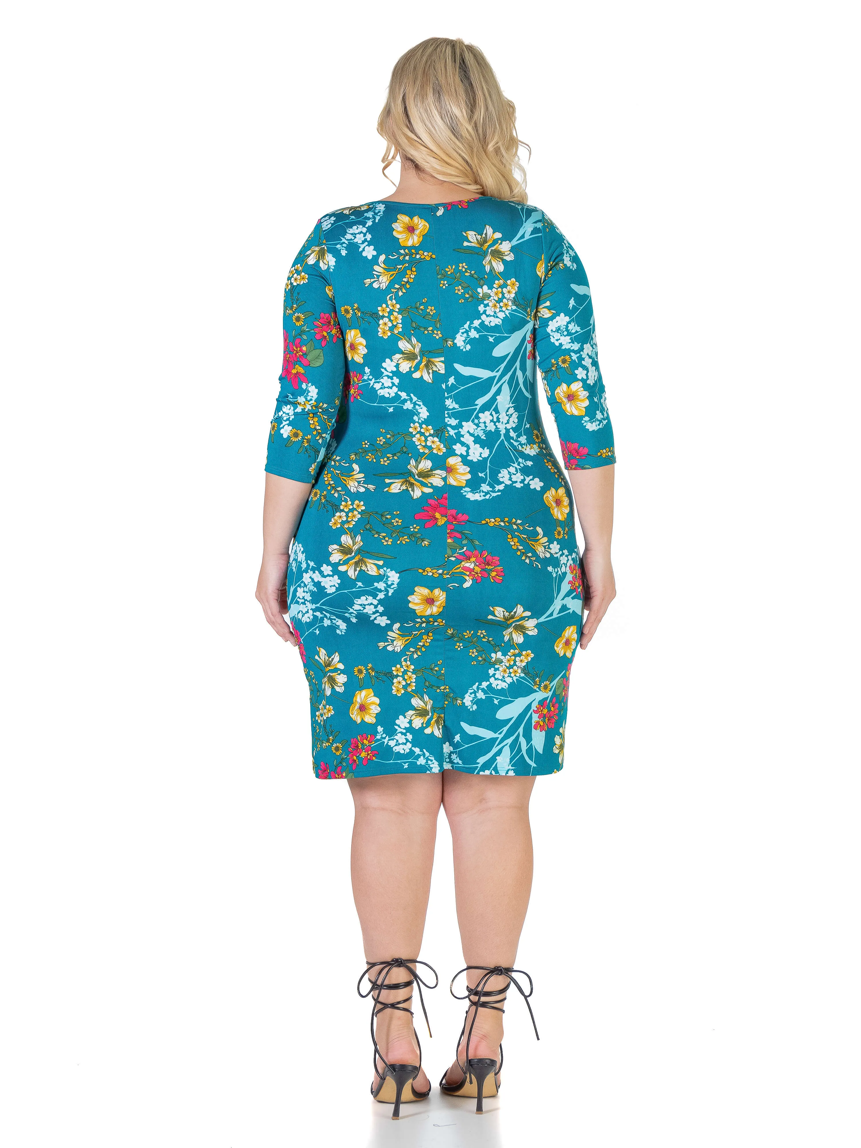 Floral Plus Size Elbow Sleeve Ruched Knee Length Dress