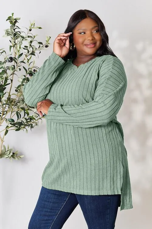 Full Size Ribbed Round Neck Long Sleeve Top