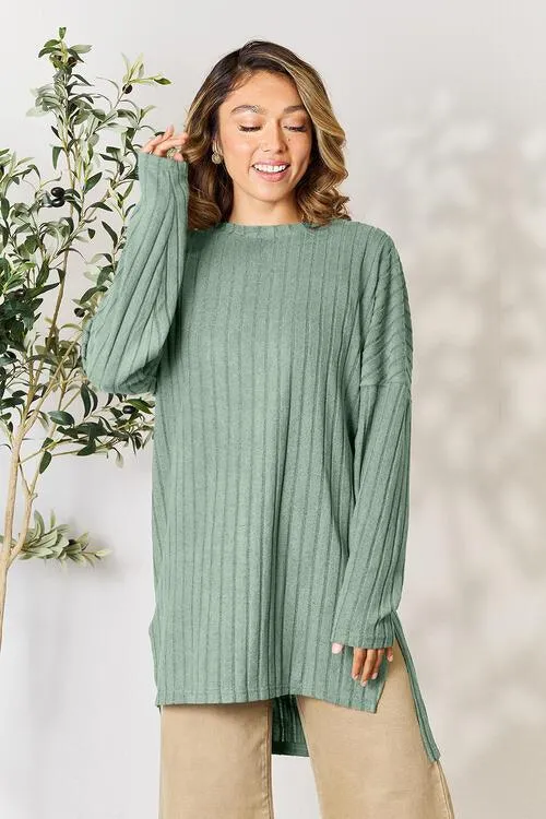 Full Size Ribbed Round Neck Long Sleeve Top