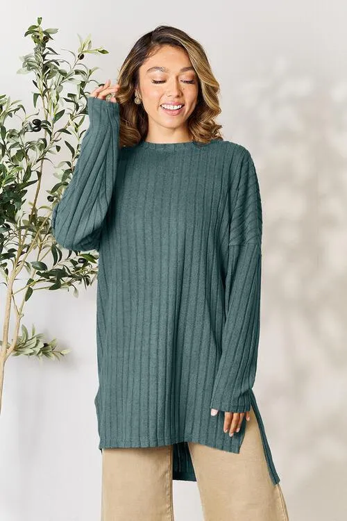 Full Size Ribbed Round Neck Long Sleeve Top