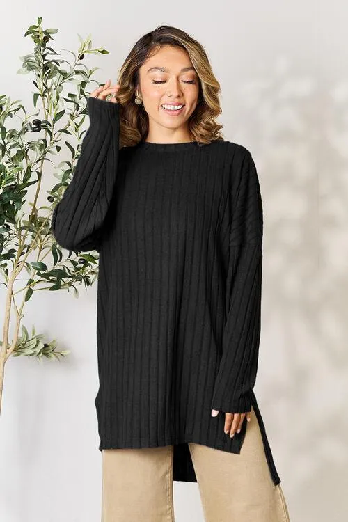 Full Size Ribbed Round Neck Long Sleeve Top