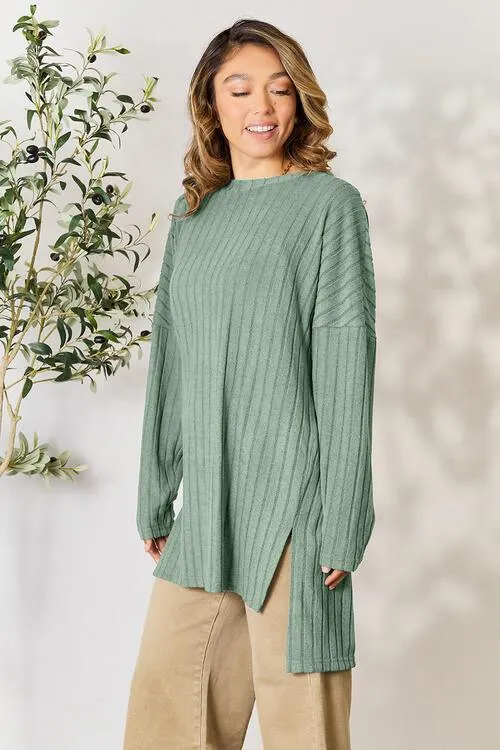 Full Size Ribbed Round Neck Long Sleeve Top