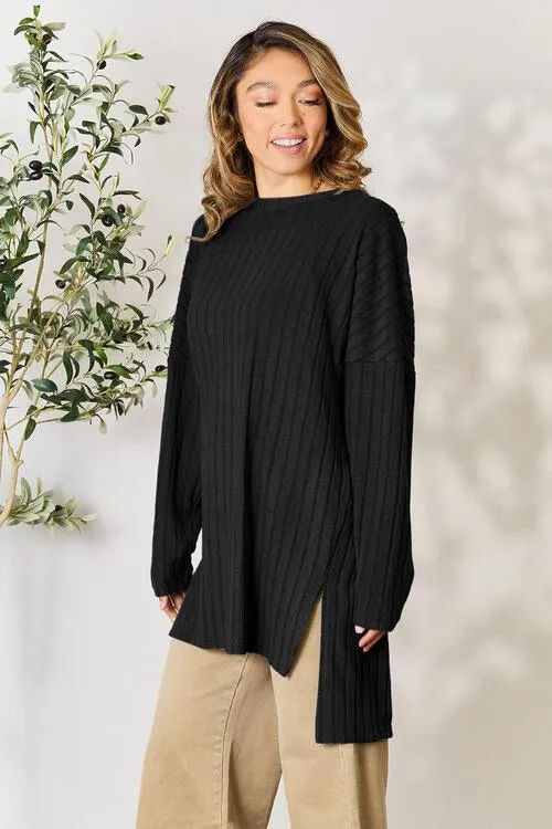 Full Size Ribbed Round Neck Long Sleeve Top