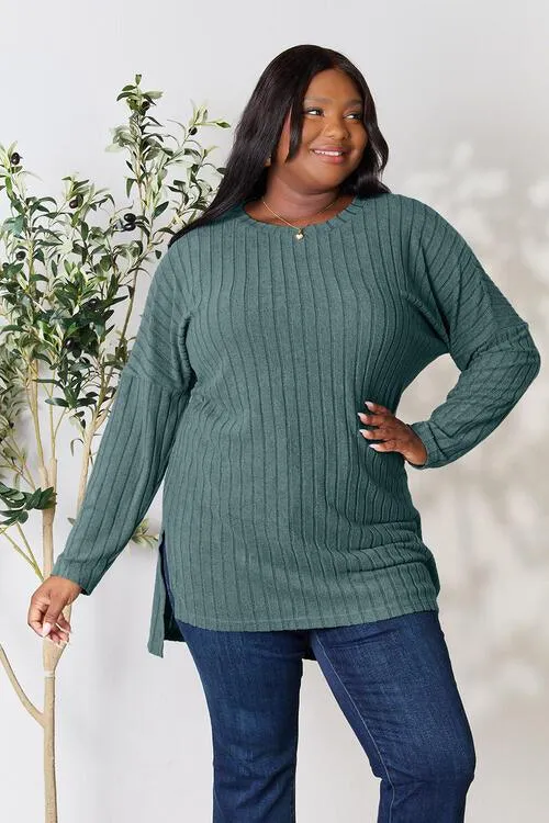 Full Size Ribbed Round Neck Long Sleeve Top