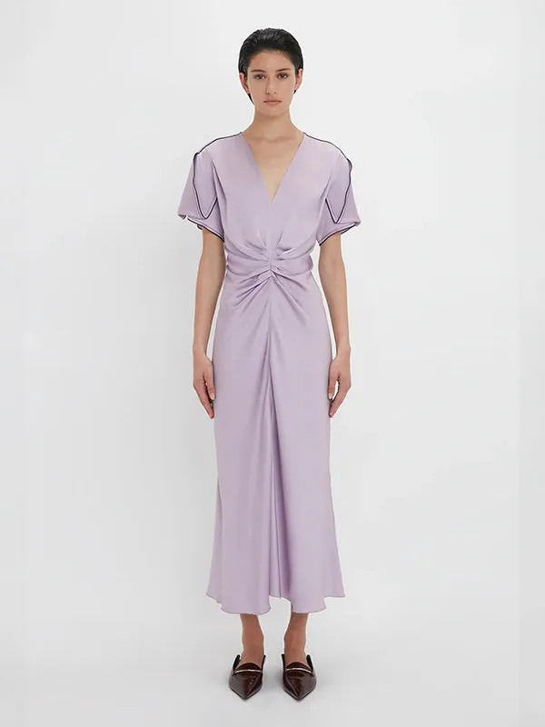 Gathered V-Neck Midi Dress In Petunia