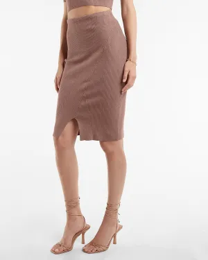 High Waisted Ribbed Slit Front Midi Sweater Pencil Skirt in Deep Taupe