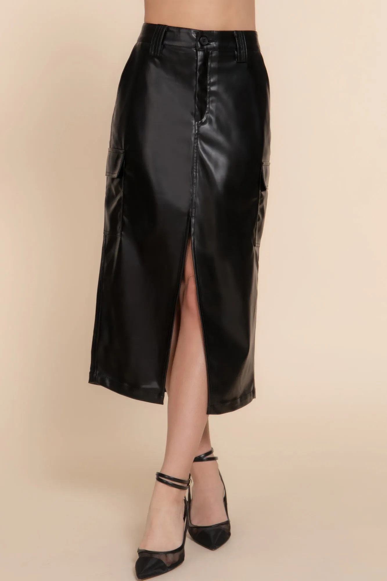 Hot Girl Florence Faux Leather Cargo Midi Skirt In Black