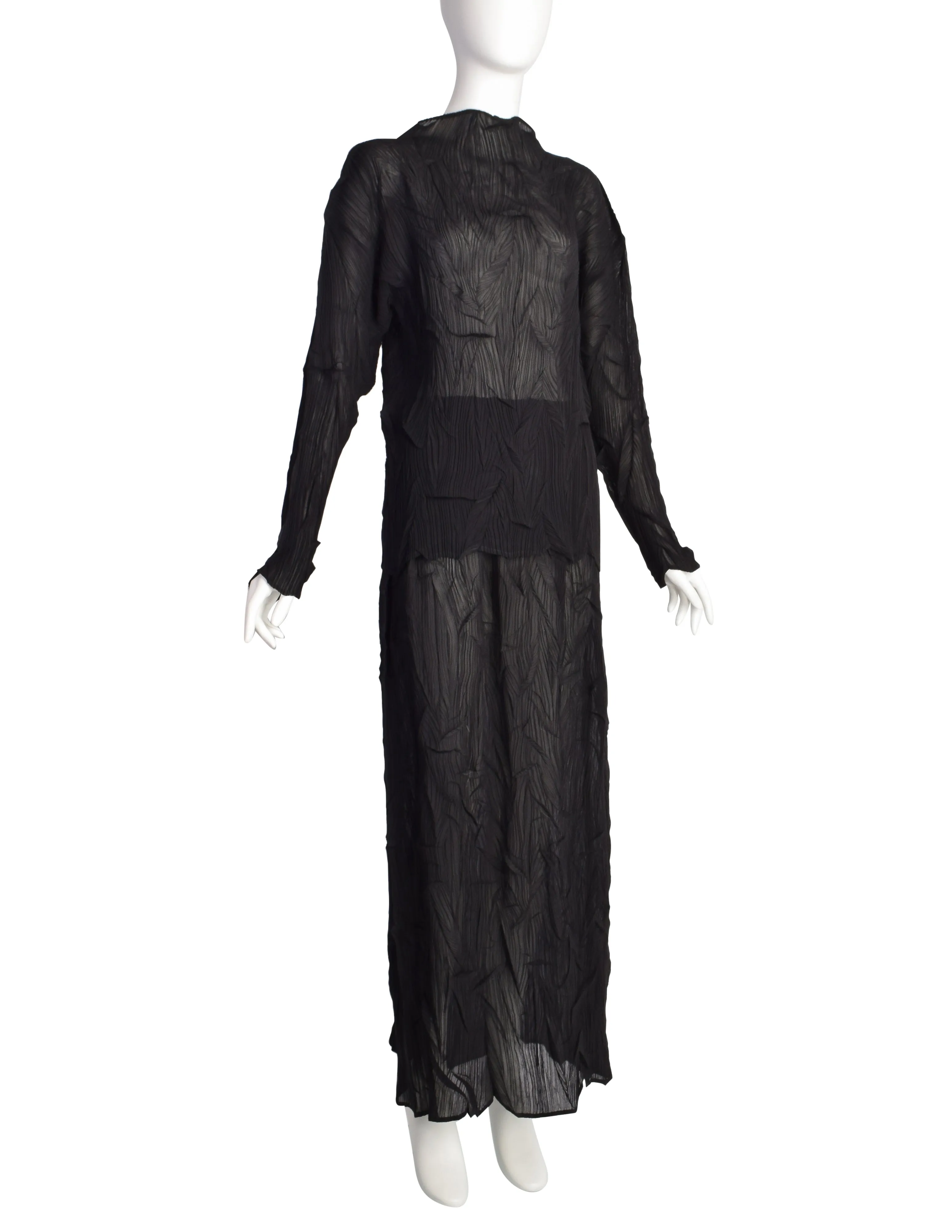 Issey Miyake Vintage Black Twisted Pleated Long Sleeve Top and Skirt Ensemble Set