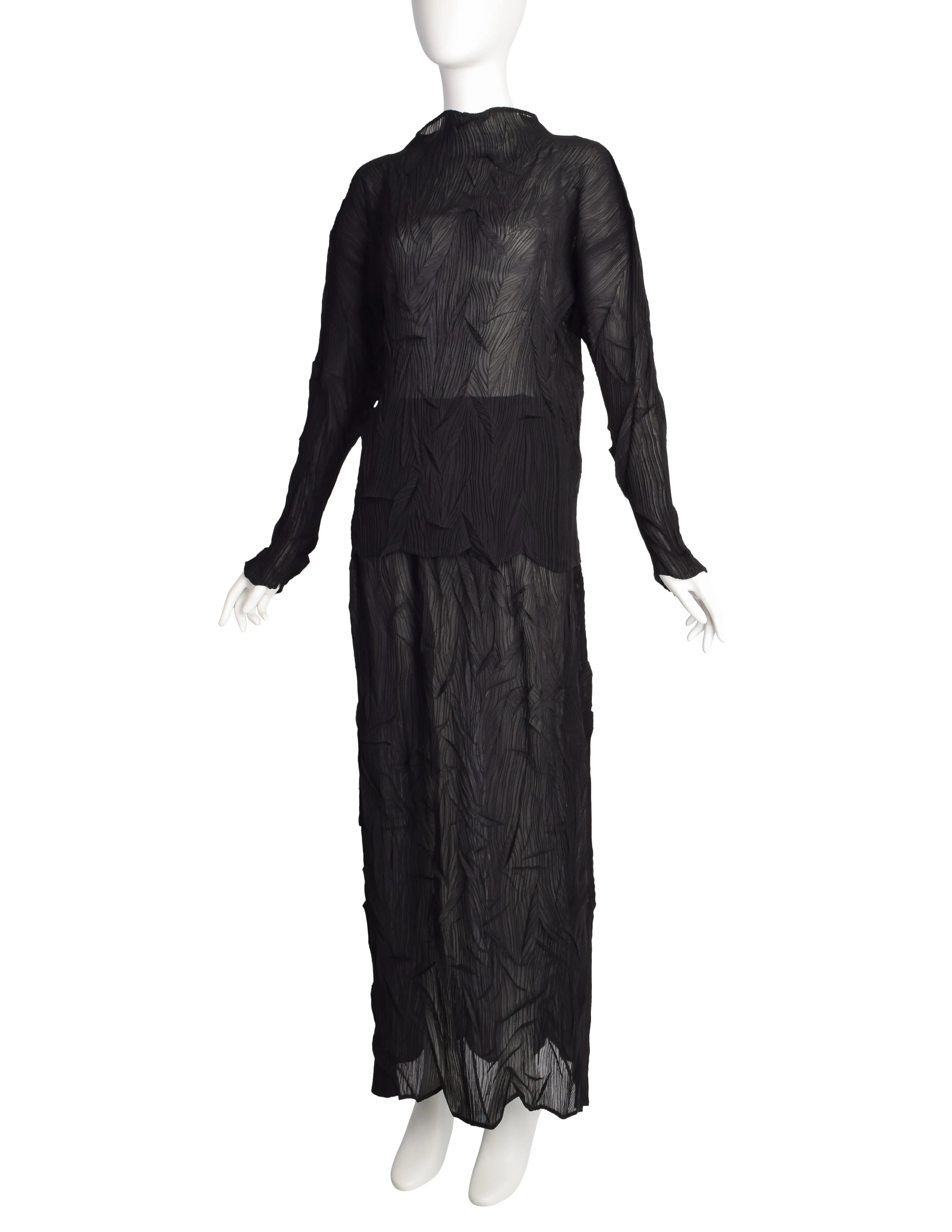 Issey Miyake Vintage Black Twisted Pleated Long Sleeve Top and Skirt Ensemble Set