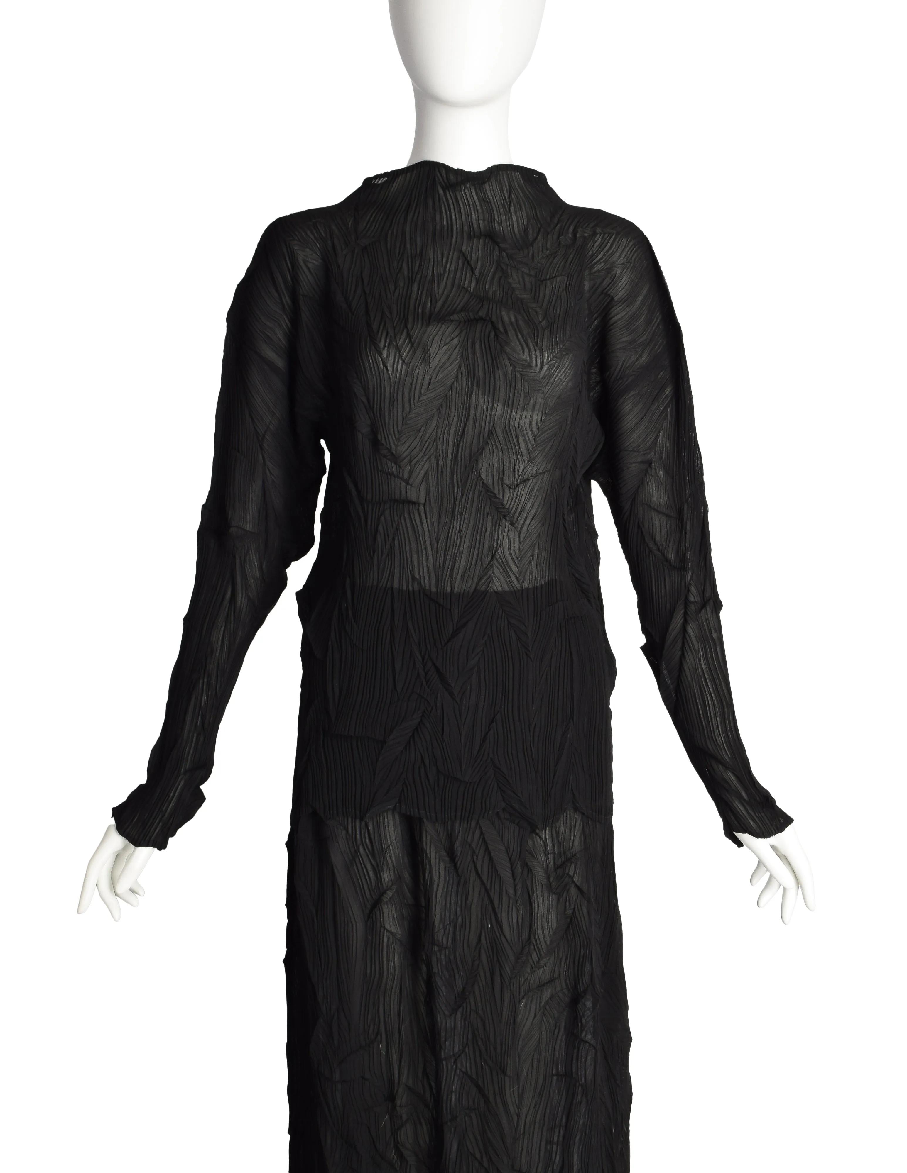 Issey Miyake Vintage Black Twisted Pleated Long Sleeve Top and Skirt Ensemble Set