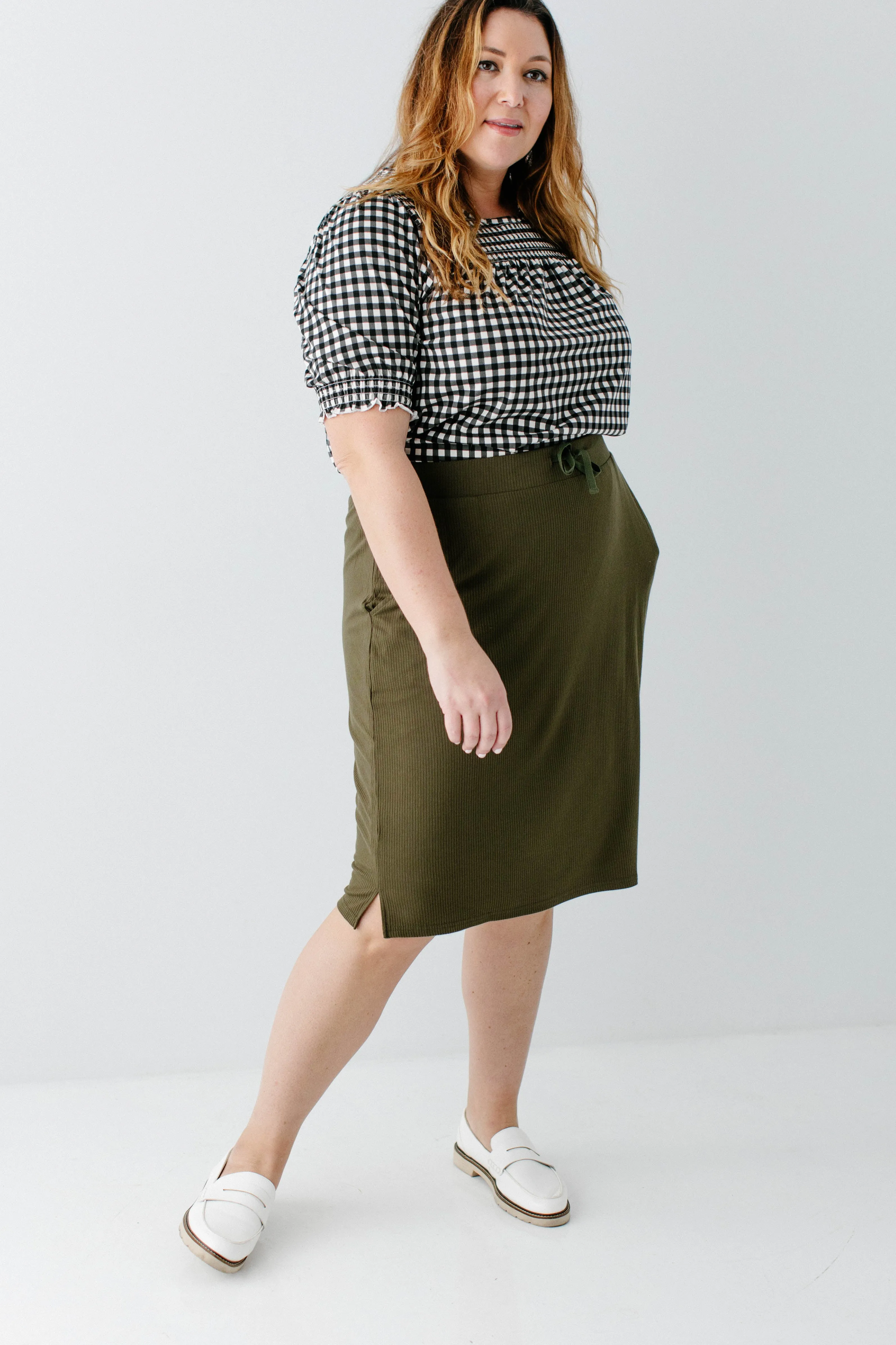 'Lauren' Everyday Ribbed Knit Skirt in Olive FINAL SALE