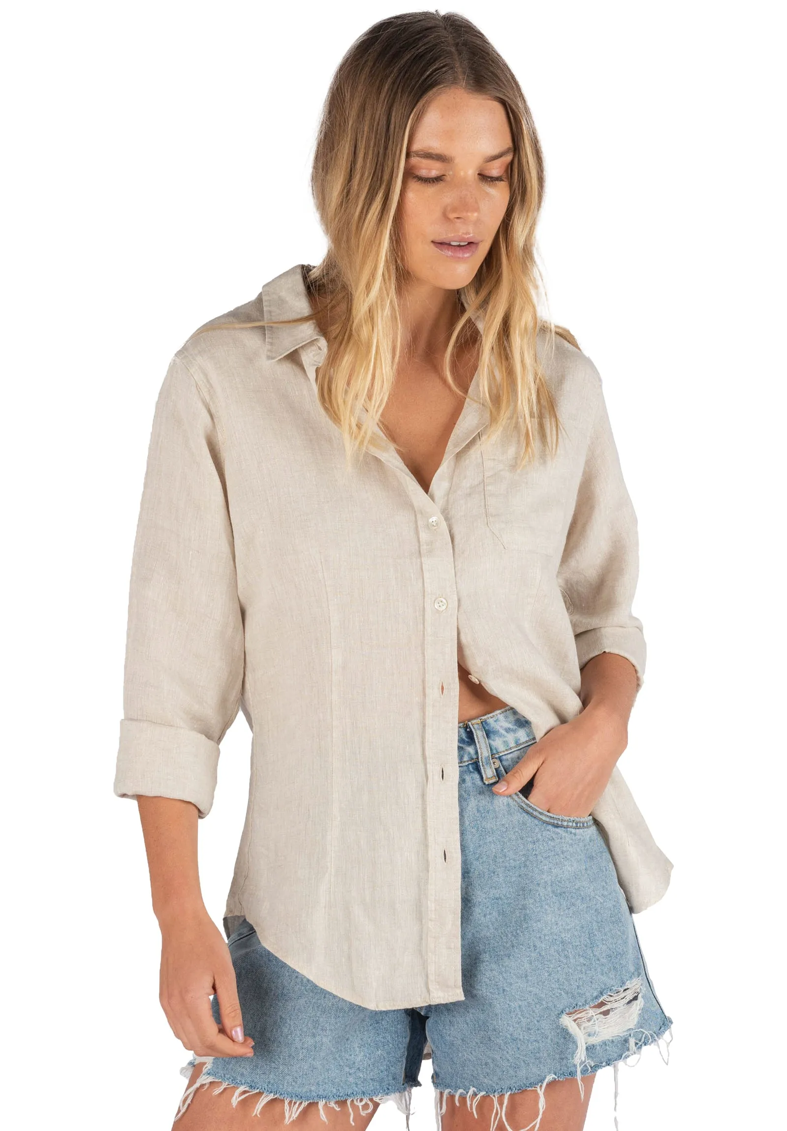 Lina Sand Melange Slim-Fit Linen Shirt