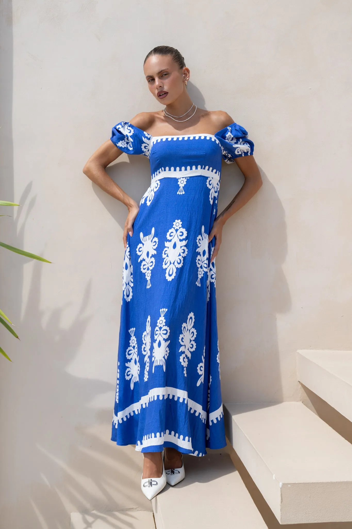 Lune Blue Abstract Puff Sleeve Maxi Dress