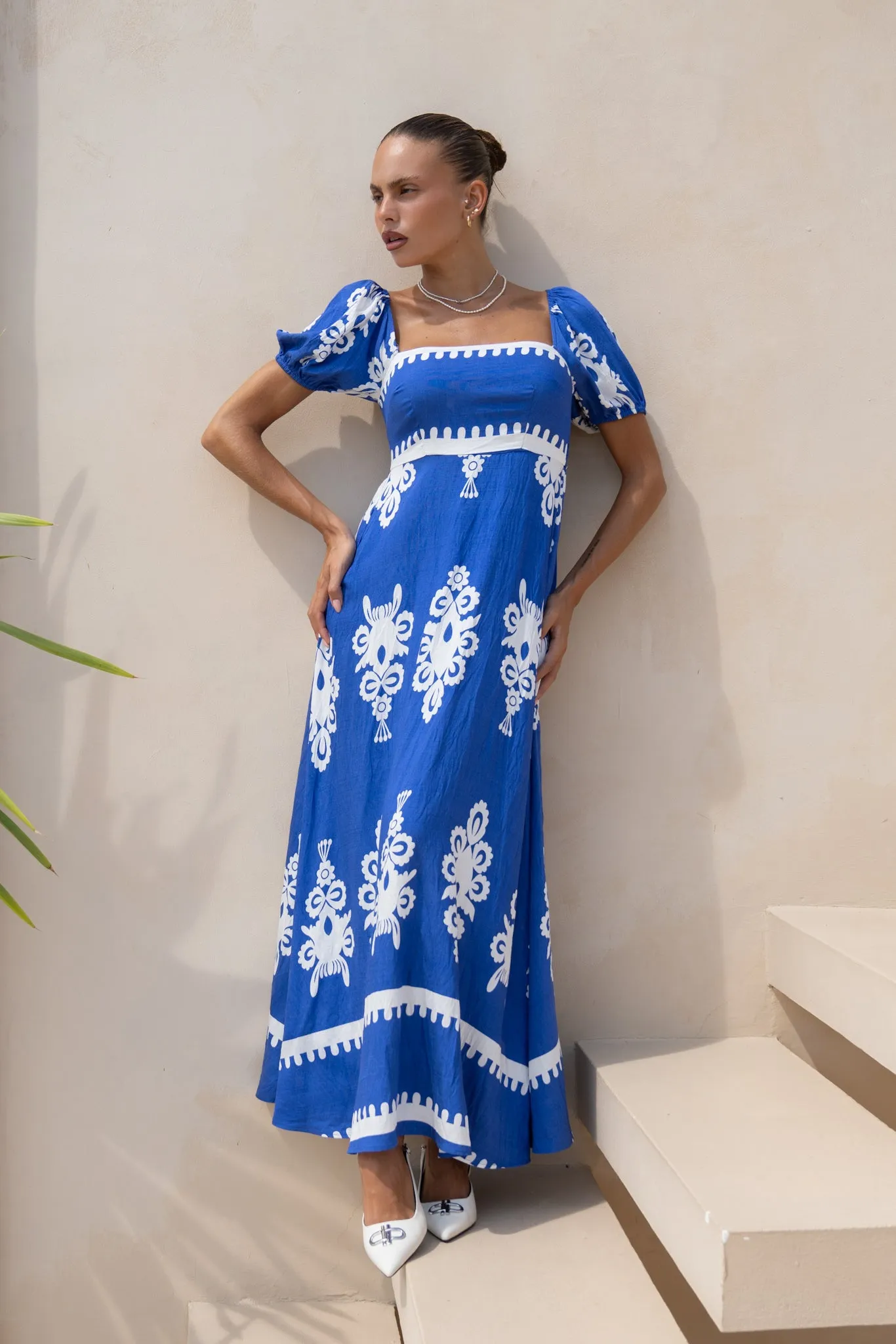 Lune Blue Abstract Puff Sleeve Maxi Dress