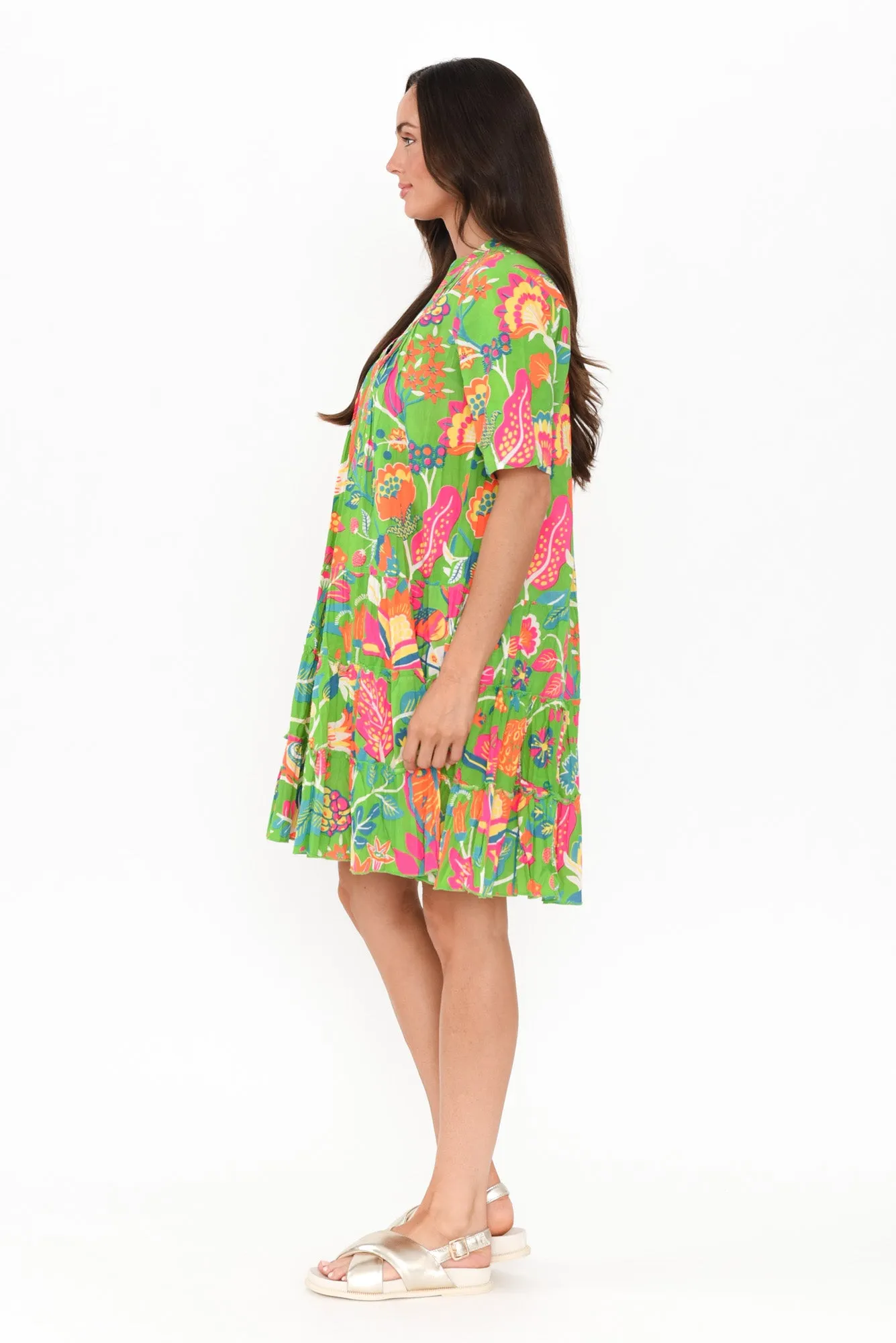 Madurai Green Floral Cotton Pleated Dress