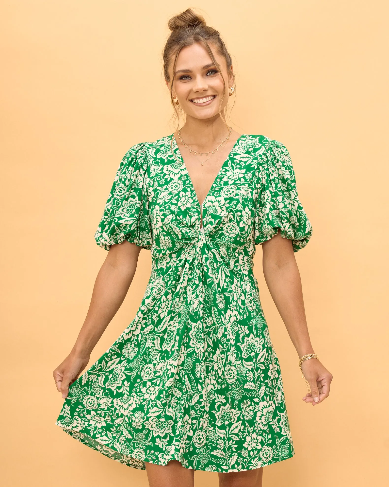 Miah Green Floral Twist Front Mini Dress