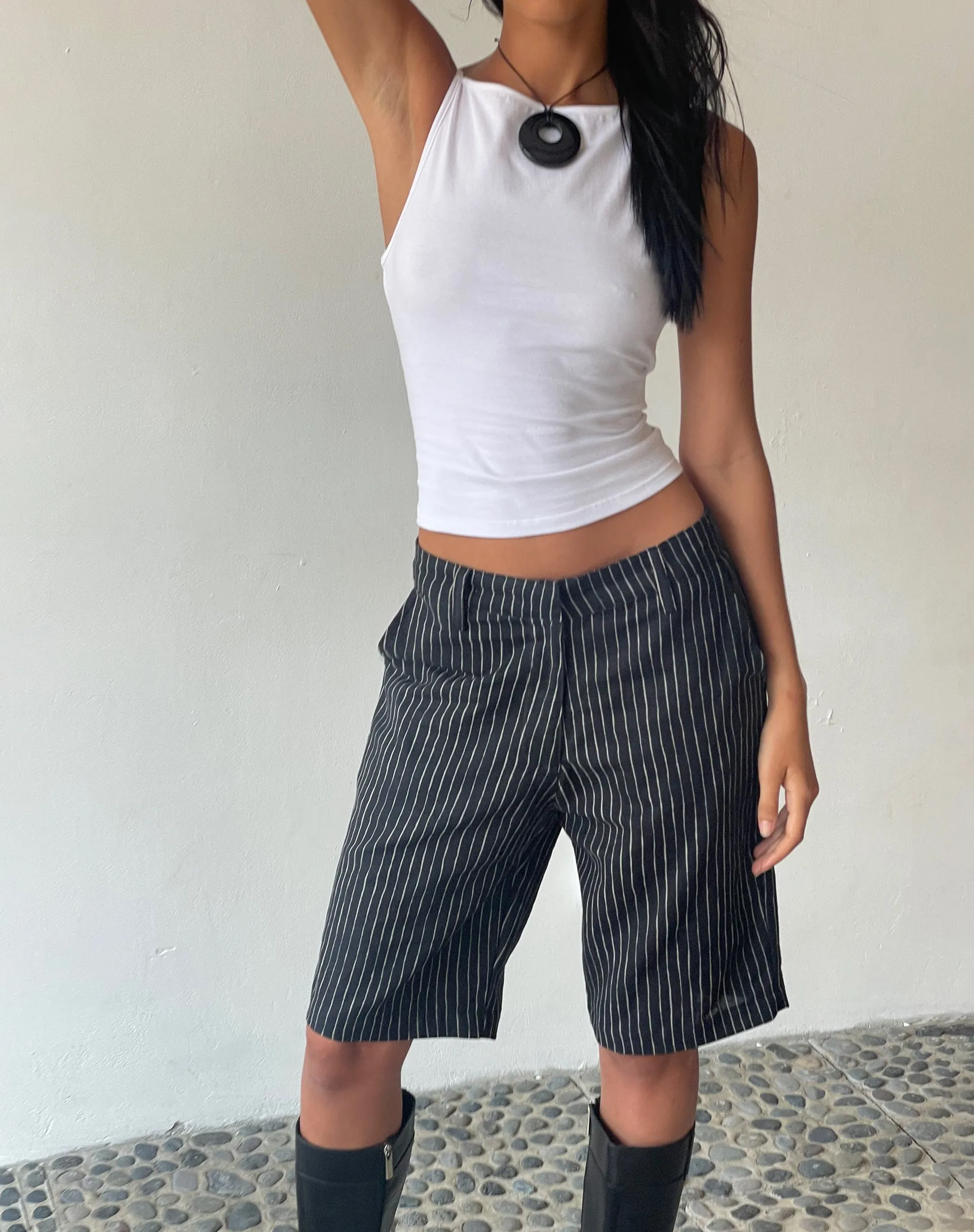 MOTEL X JACQUIE Tabaru Longline Shorts in Sketchy Stripe Black